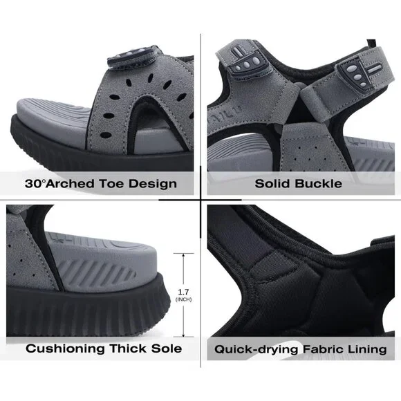 Casual Hiking Sandals Men's Gray Athletic Cushioned Walking Fisherman Shoes - Picture 6 of 9